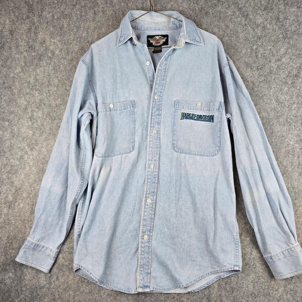 Vintage Harley Davidson Denim Shirt Men XL Blue Long Sleeve Button Up 2005 Y2K